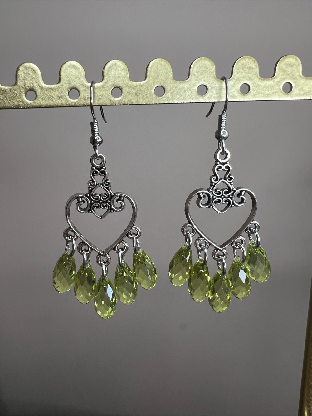 Silver Heart Chandelier Earrings with Peridot Green Crystal Drops